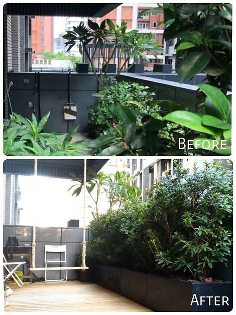 林口玄泰美住宅露臺整體空間設計，融合碎石造景區與盆栽配置，呈現自然清新的戶外氛圍｜院子園藝作品