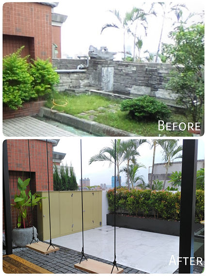 永和晶華住宅戶外庭園設計，融合植生牆、地面植栽與鞦韆，營造自然清新的都市綠化空間｜院子園藝作品