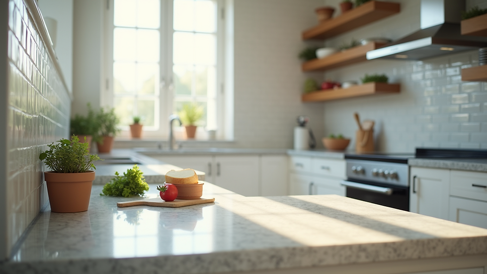 High angle view of a clean and organized kitchen with sparkling countertops