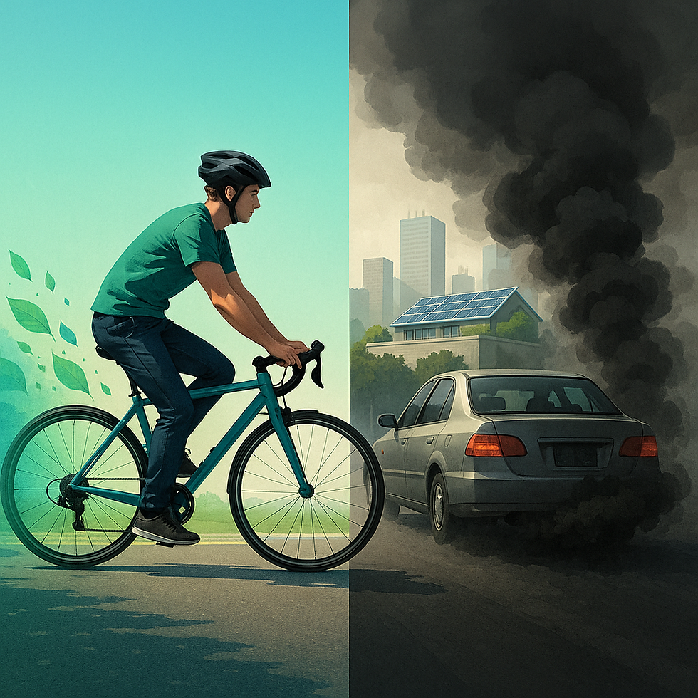 Cyclist in green and car emitting smoke