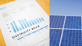 Electricity image on left and solar panels on right