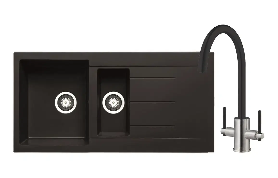 Prima+ Granite 1.5B Inset Kitchen Sink & Swan Neck Mixer Tap Pack - Black