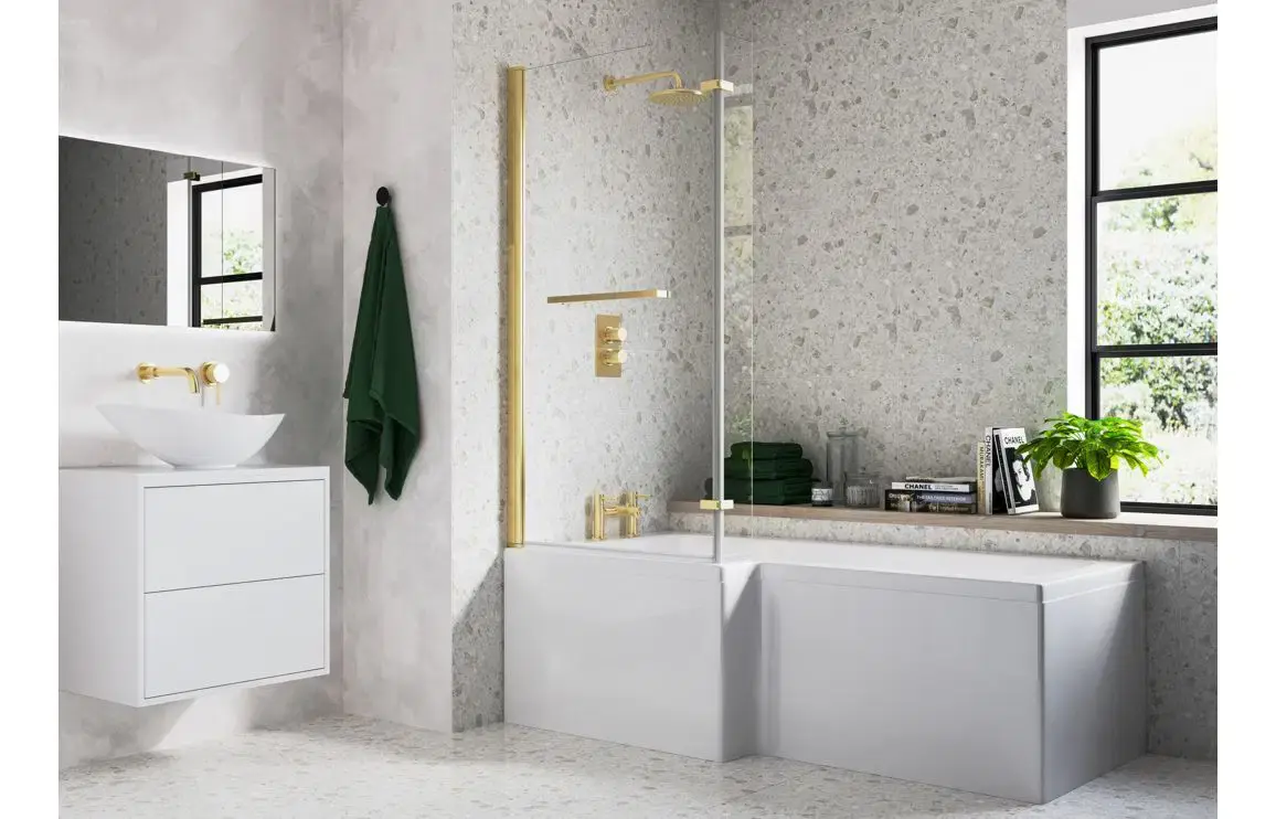 Newport L Shape SUPERCAST 1700x850x560mm 0TH Shower Bath Pack (RH) - Brush Brass