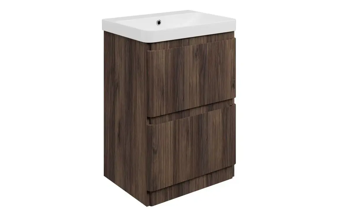 Kanton 605mm Floor Standing 2 Drawer Basin Unit & 1TH Basin - Textured Walnut