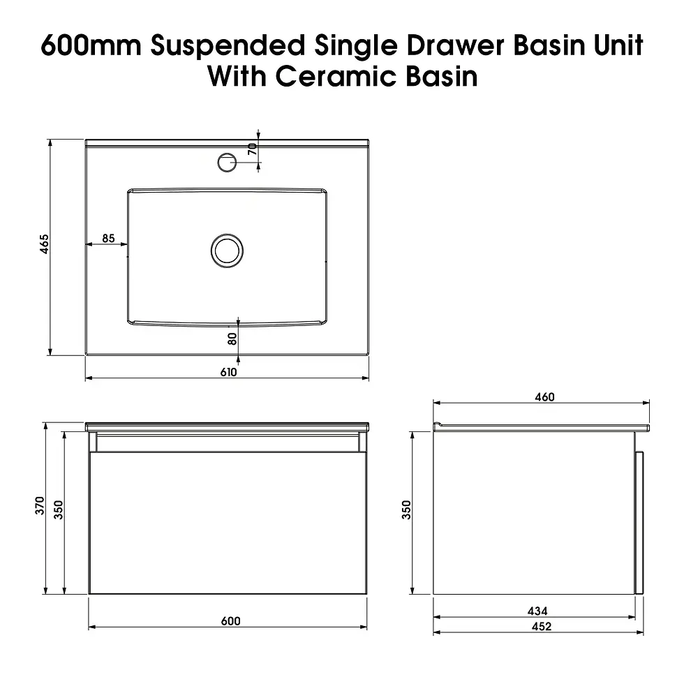 Thumbnail: Serenity 600mm Wall Hung Vanity Unit - 1 Drawer - White Gloss