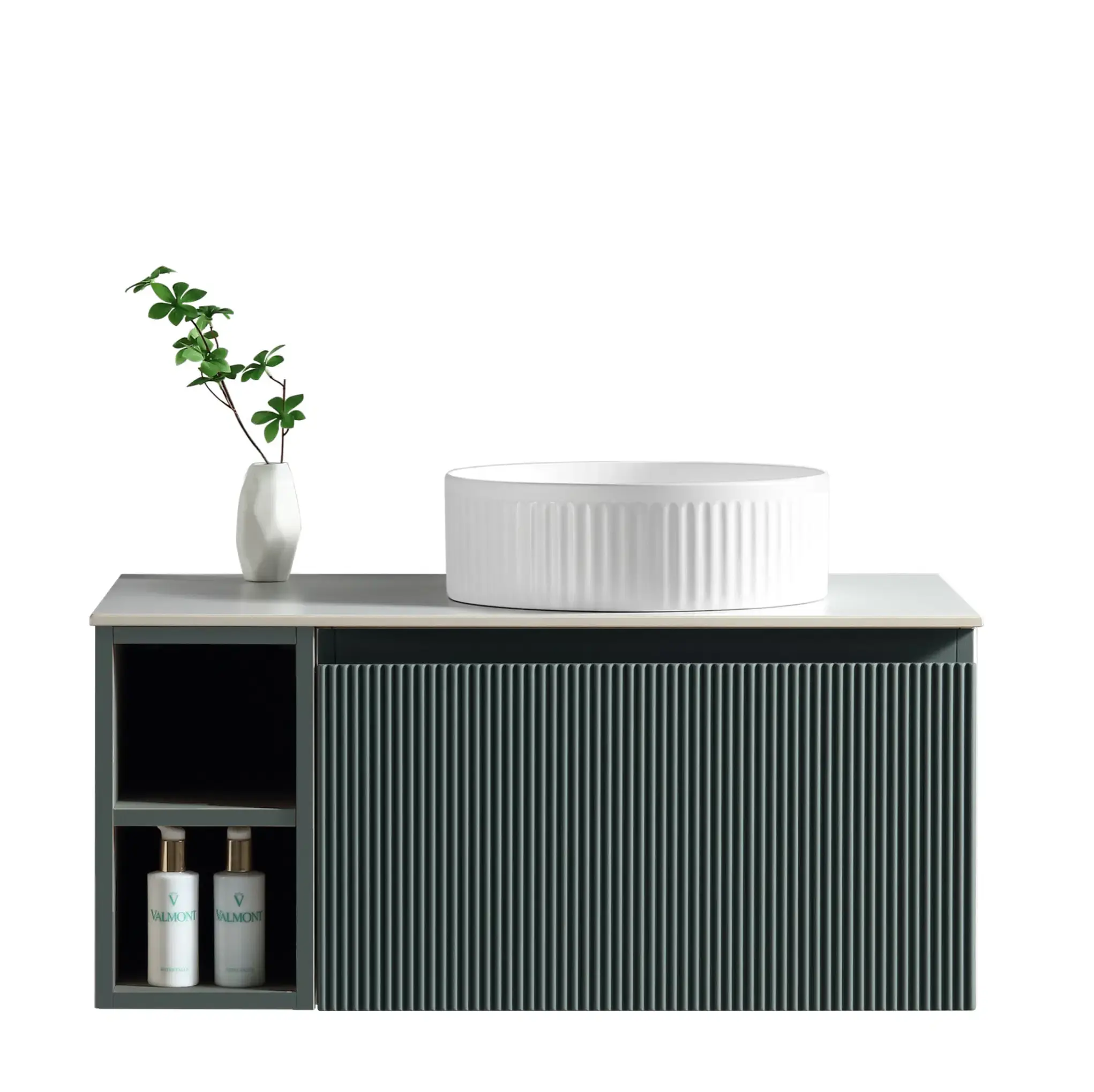 Zest 800mm Flex Wall Hung Vanity with Storage & Counter- Soft Sage(Right Hand)