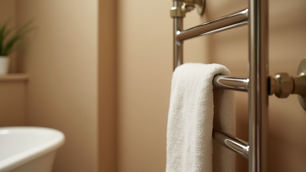 Close-up view of a JIS Sussex curved towel rail in a warm bathroom