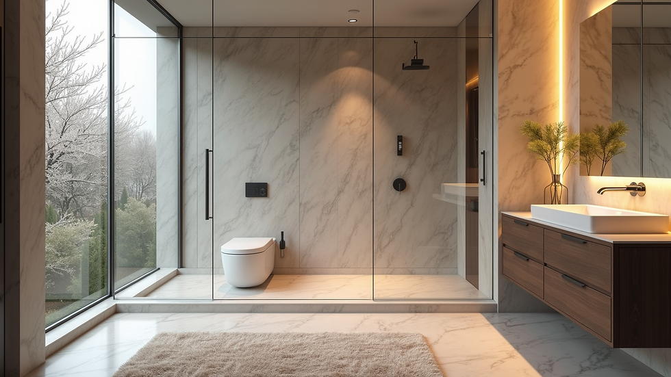 Wide angle view of a luxurious walk-in shower design
