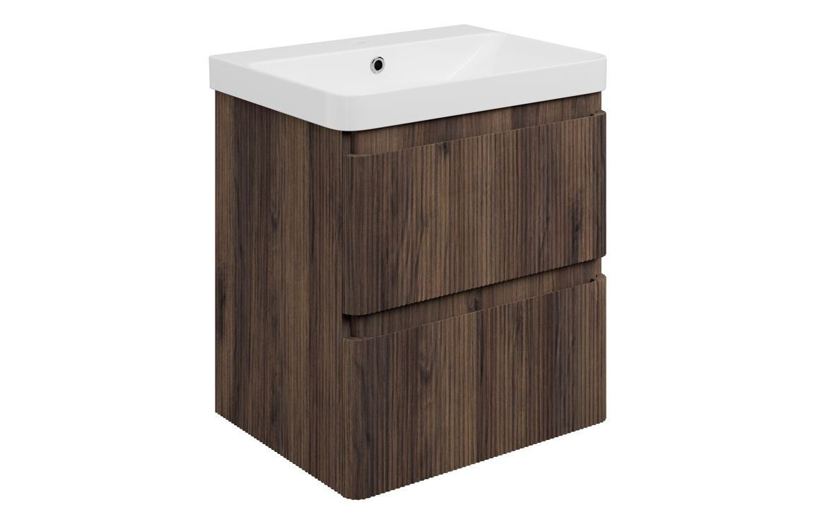 Kanton 605mm Wall Hung 2 Drawer Basin Unit & 1TH Basin - Textured Walnut