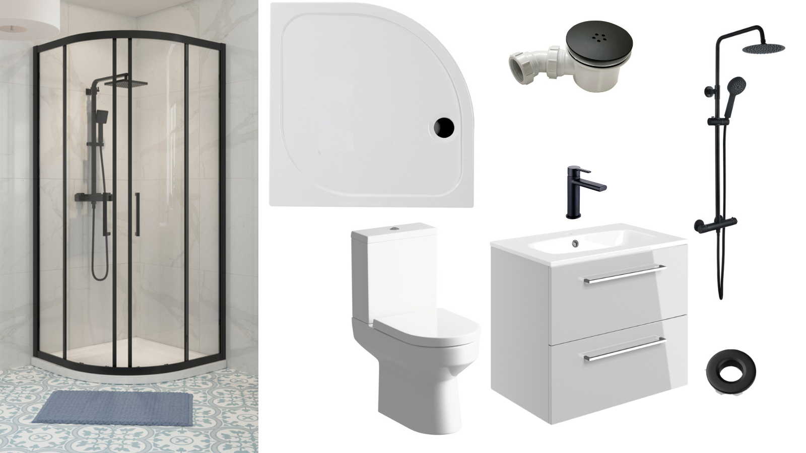 Madison Bathroom Suite with Black 900mm Quad Shower & 500mm Vanity