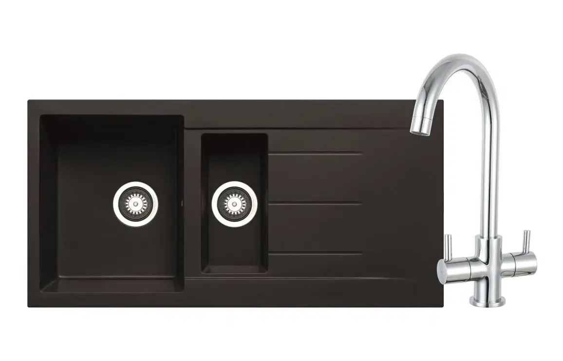 Prima+ Granite 1.5B Inset Kitchen Sink & Staten Tap Pack - Black