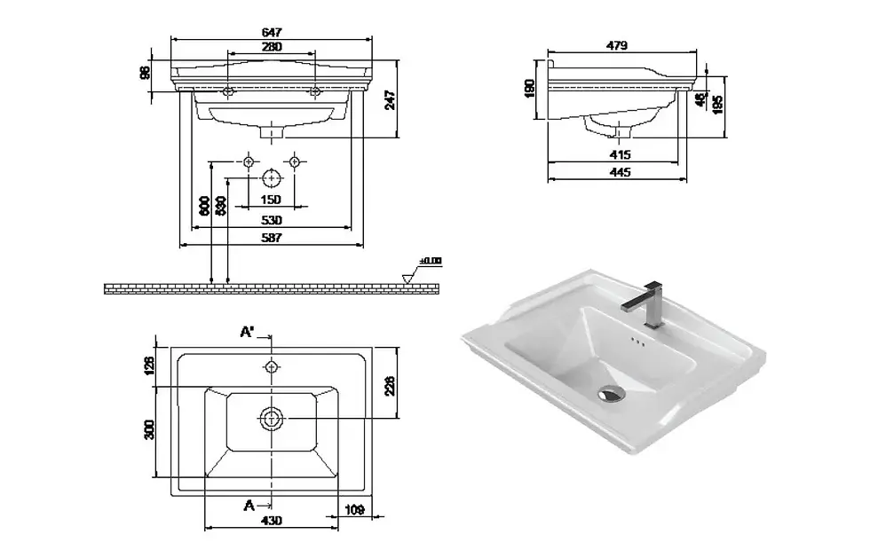 Thumbnail: Deva 650mm Floor Standing 1 Drawer Basin Unit w/Basin - Matt Misty Blue