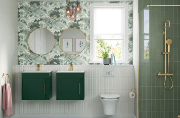 Eye-level view of a luxurious bathroom featuring vibrant teal tiles