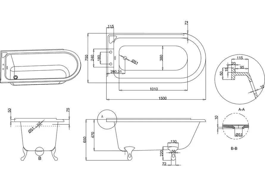 Thumbnail: Burlington Hampton 150cm Left Handed Showering Bath with Standard Feet