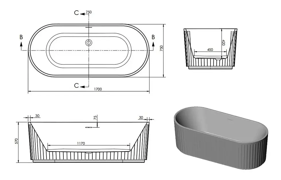 Thumbnail: Shine Fluted Free Standing 1700x750x570mm 0TH Bath
