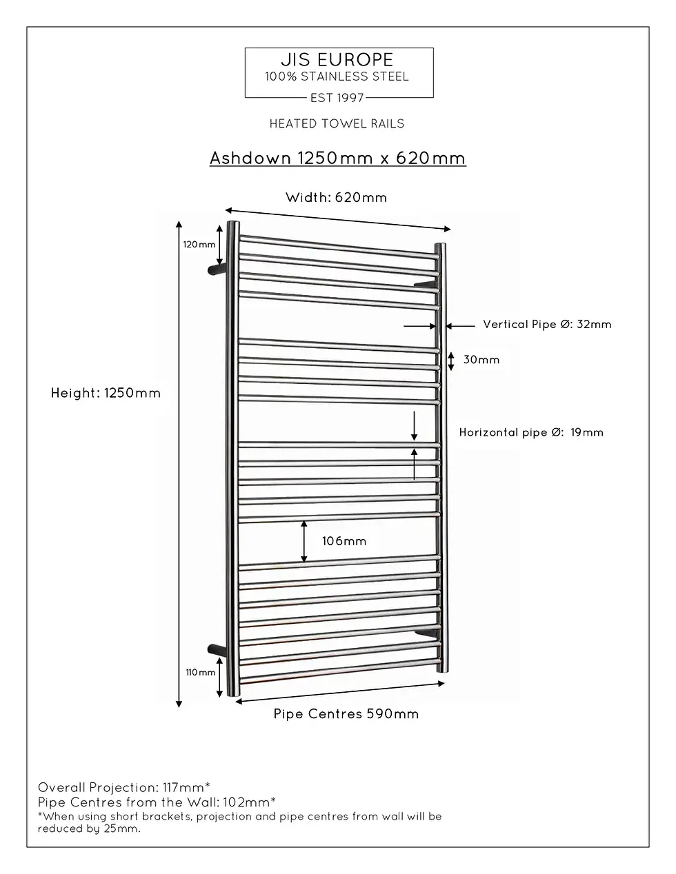 Thumbnail: JIS Sussex Ashdown Heated Towel Rail (1250 x 620 mm)