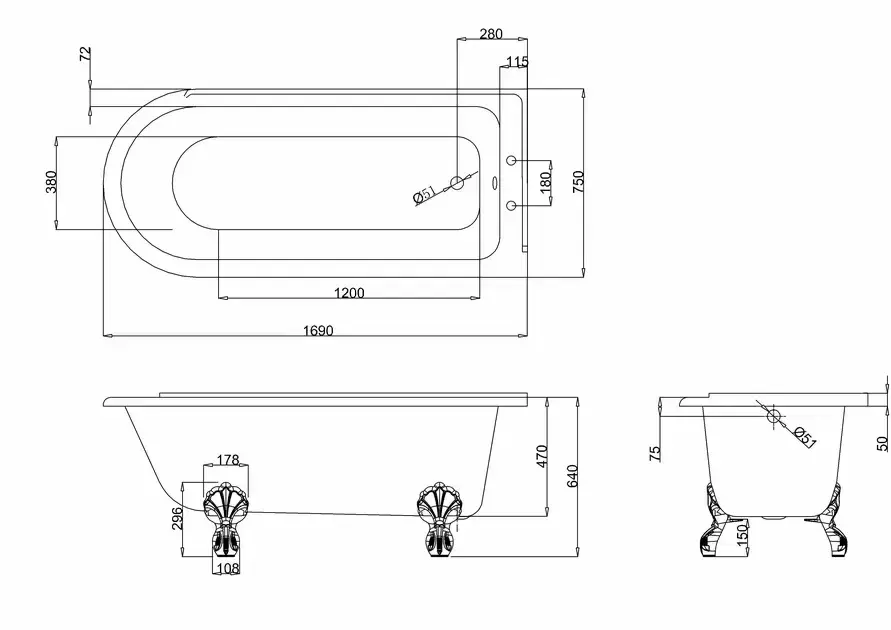 Thumbnail: Burlington Hampton 170cm Right Handed Showering Bath with Luxury Feet