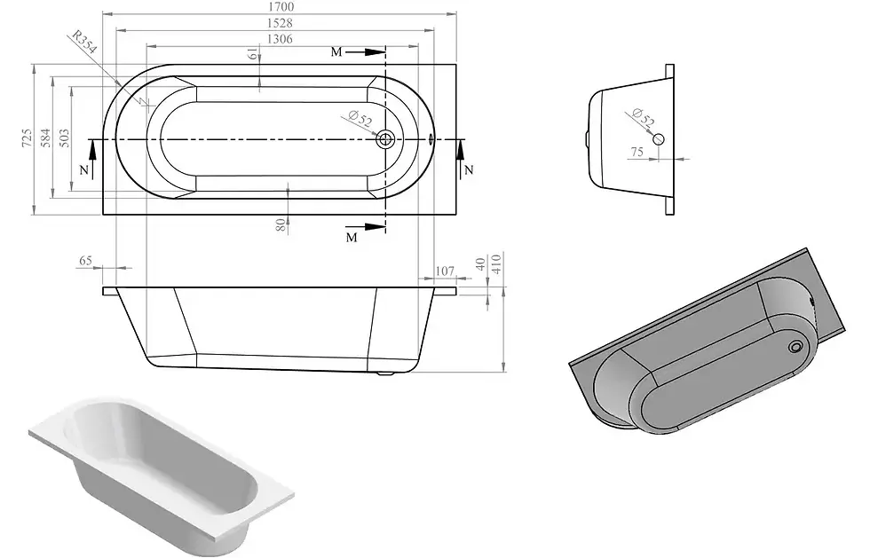 Thumbnail: Sandown J Shape 1700x725x600mm 0TH Bath w/Legs (LH)