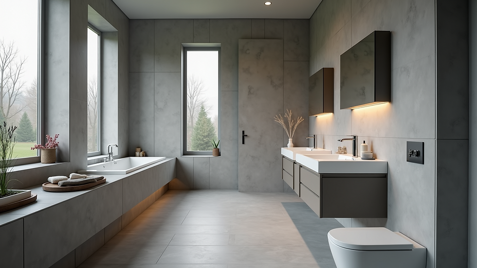 Eye-level view of a stylish grey bathroom with modern fixtures