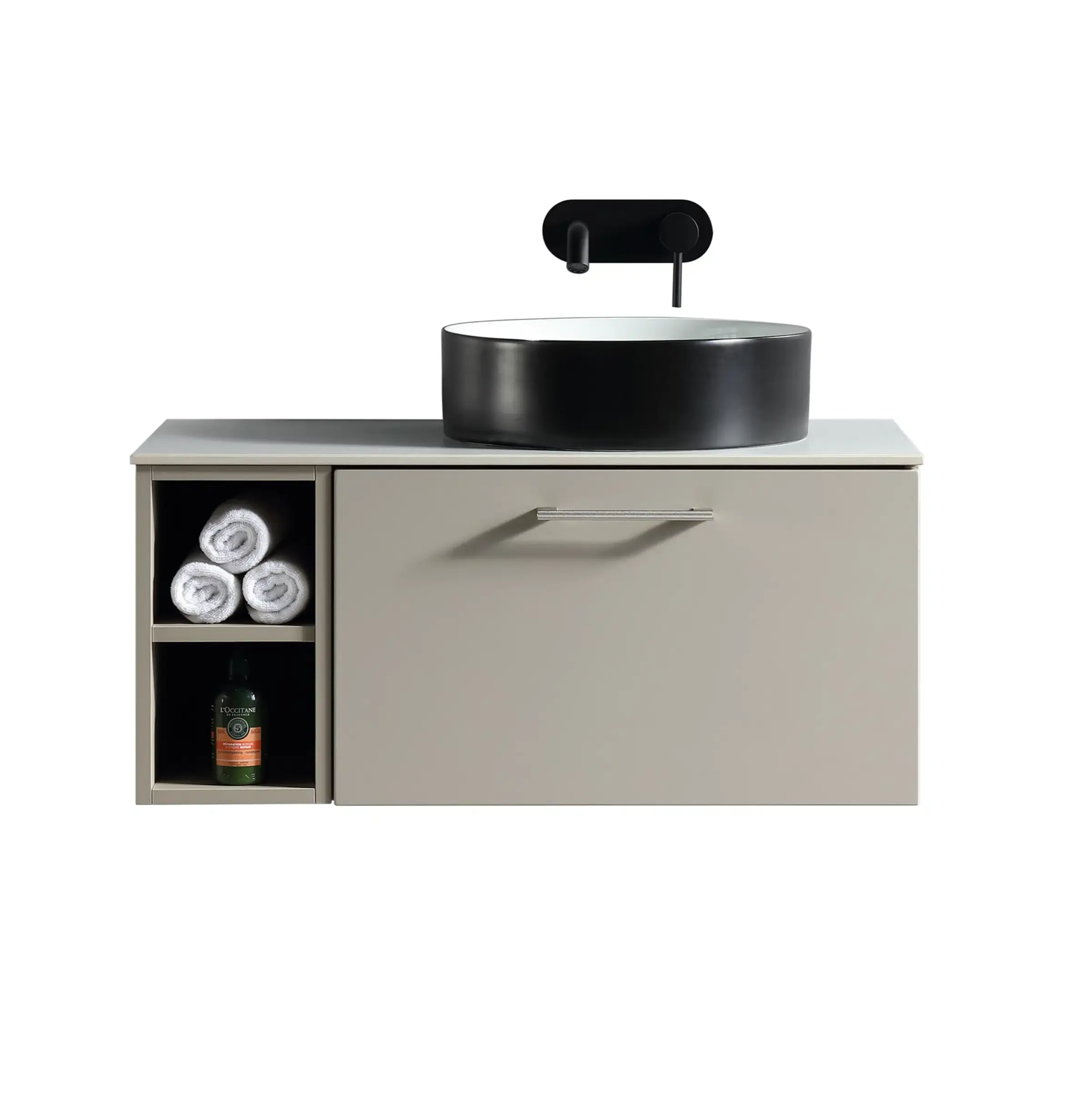 Zest 800mm Plaza Wall Hung Vanity with Counter, Storage & Basin -Stone(RH)
