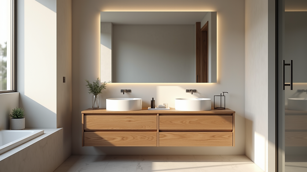 Eye-level view of modern bathroom with wooden vanity and large mirror
