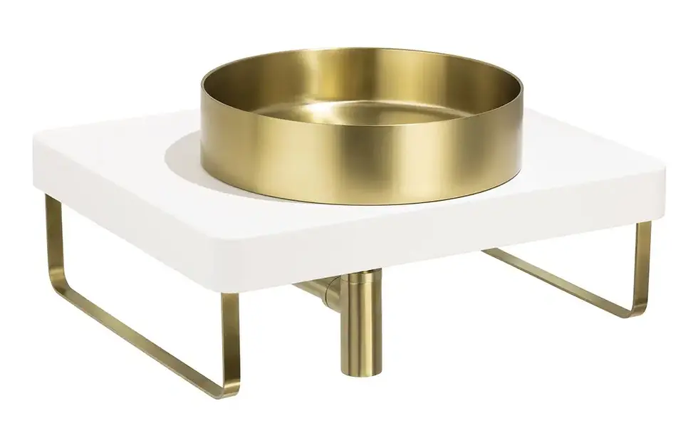 Thumbnail: Abode Tableau/Iox Shelf & Round Basin Set - Chalk White w/Brushed Brass Finishes