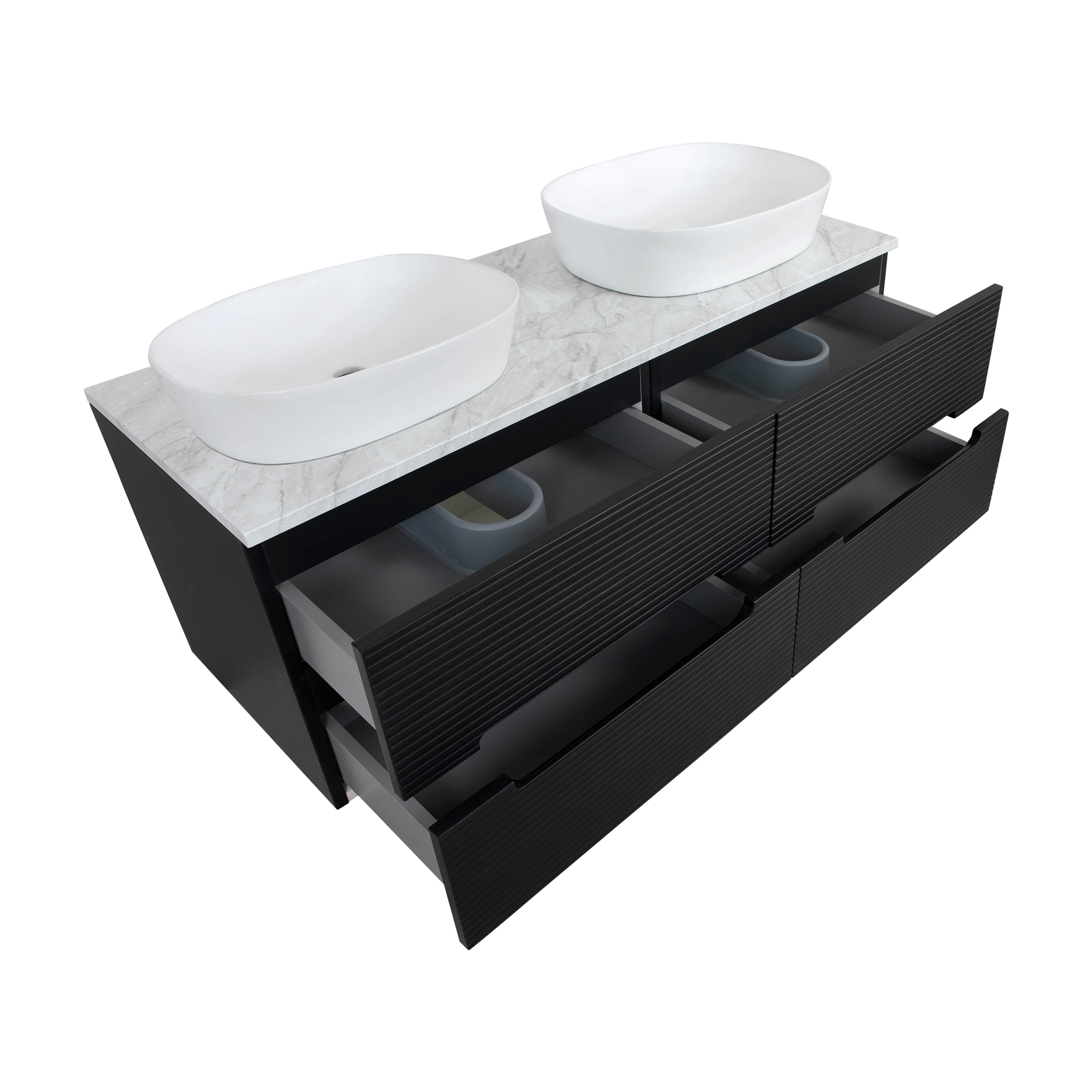 Matrix Plus 1200mm Fluted Double Wall Hung Vanity Unit + Top - Black/Marble