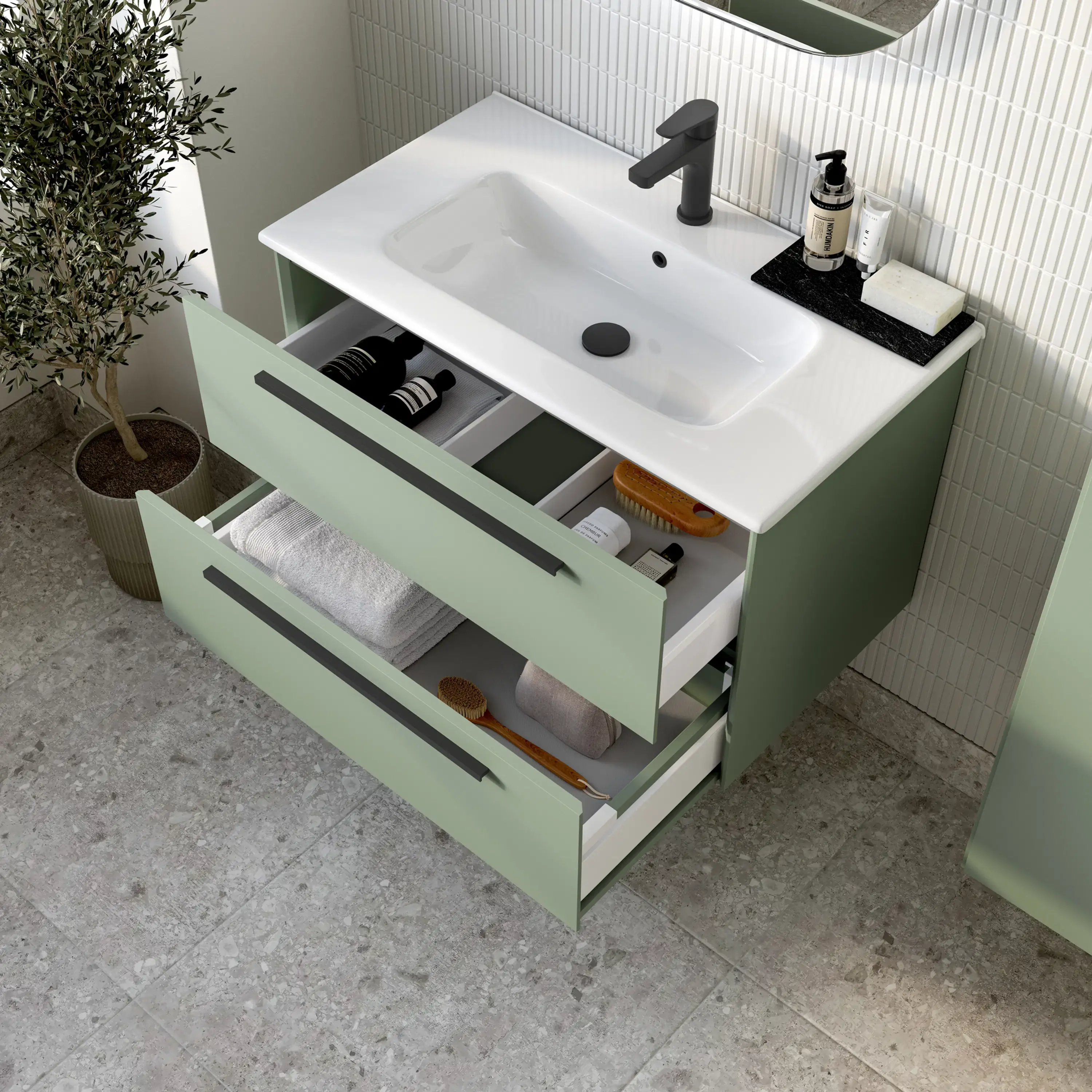 Deccado Berwick 2 Drawer Vanity Unit 800mm & Ceramic Basin and Handles - Green