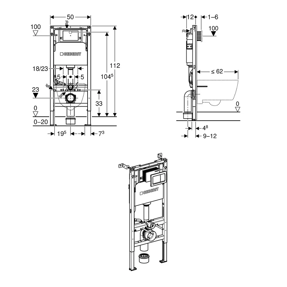 Thumbnail: Geberit Duofix 1120mm Frame with Alpha Cistern & Dual Flush Plate – Sq - Chrome