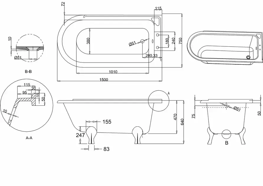 Thumbnail: Burlington Hampton 150cm Right Handed Showering Bath with Luxury Feet