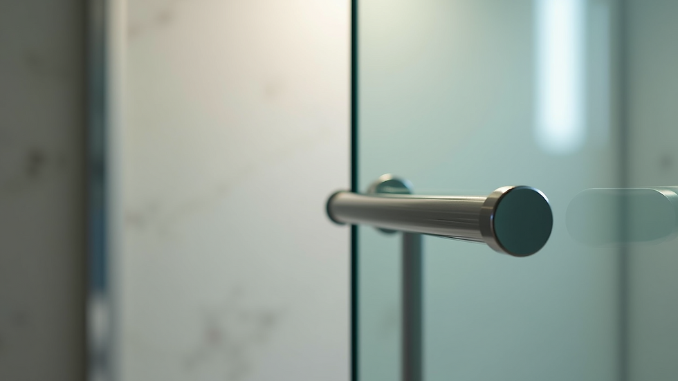 Close-up view of sliding shower door track and handle
