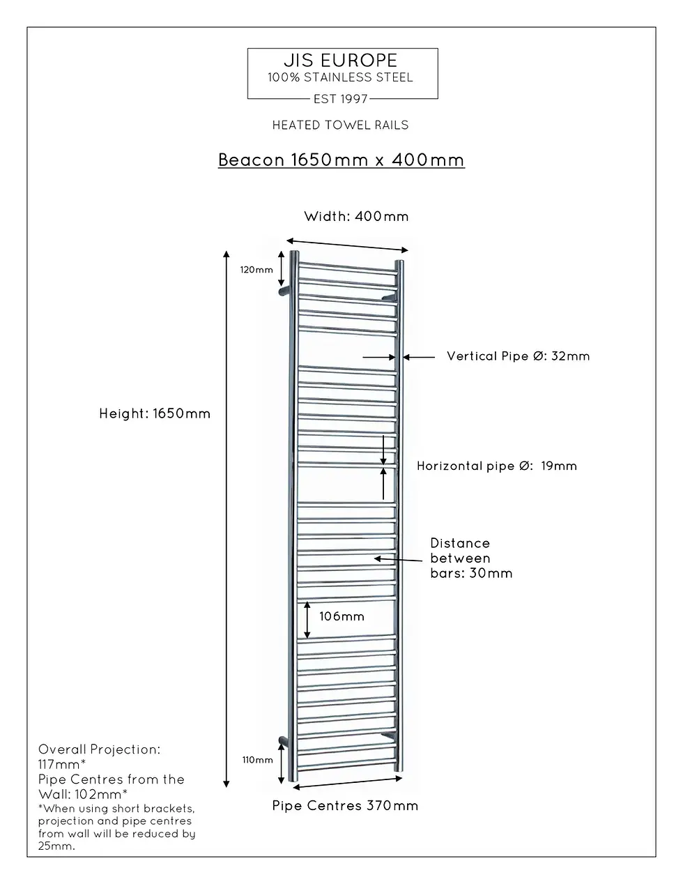 Thumbnail: JIS Sussex Beacon Heated Towel Rail (1650 x 400 mm)