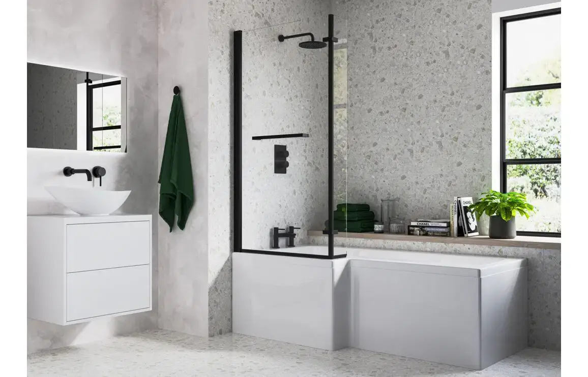 Newport L Shape SUPERCAST 1700x850x560mm 0TH Shower Bath Pack (RH) - Matt Black