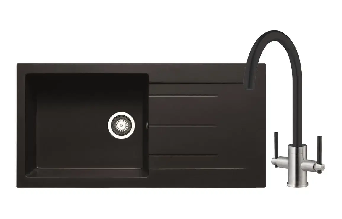 Prima+ Granite 1B Inset Kitchen Sink & Swan Neck Mixer Tap Pack - Black