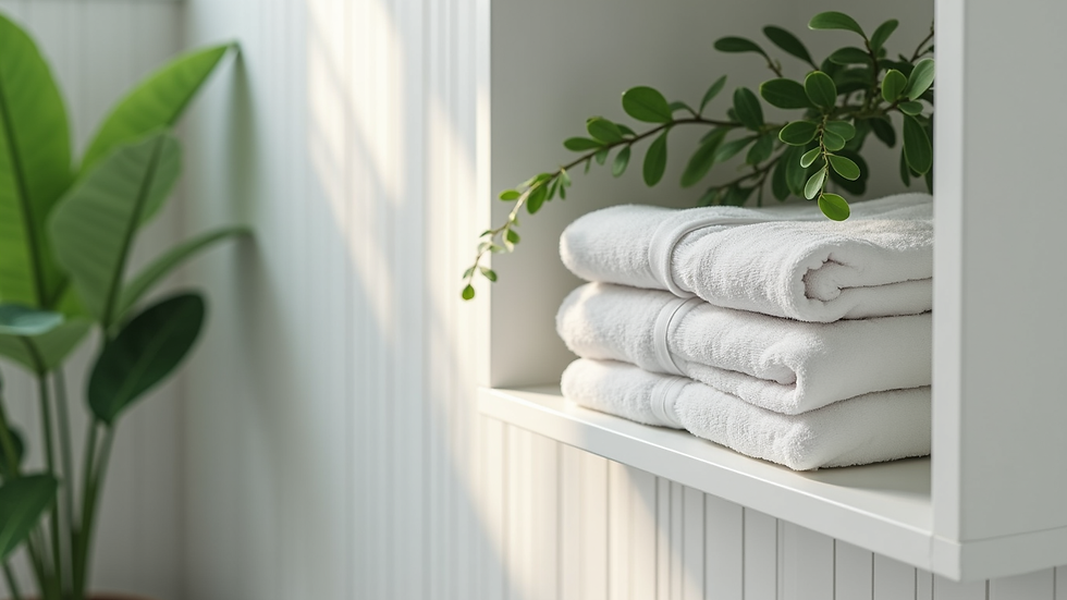 Close-up of bathroom shelf with green plant and neatly folded towels