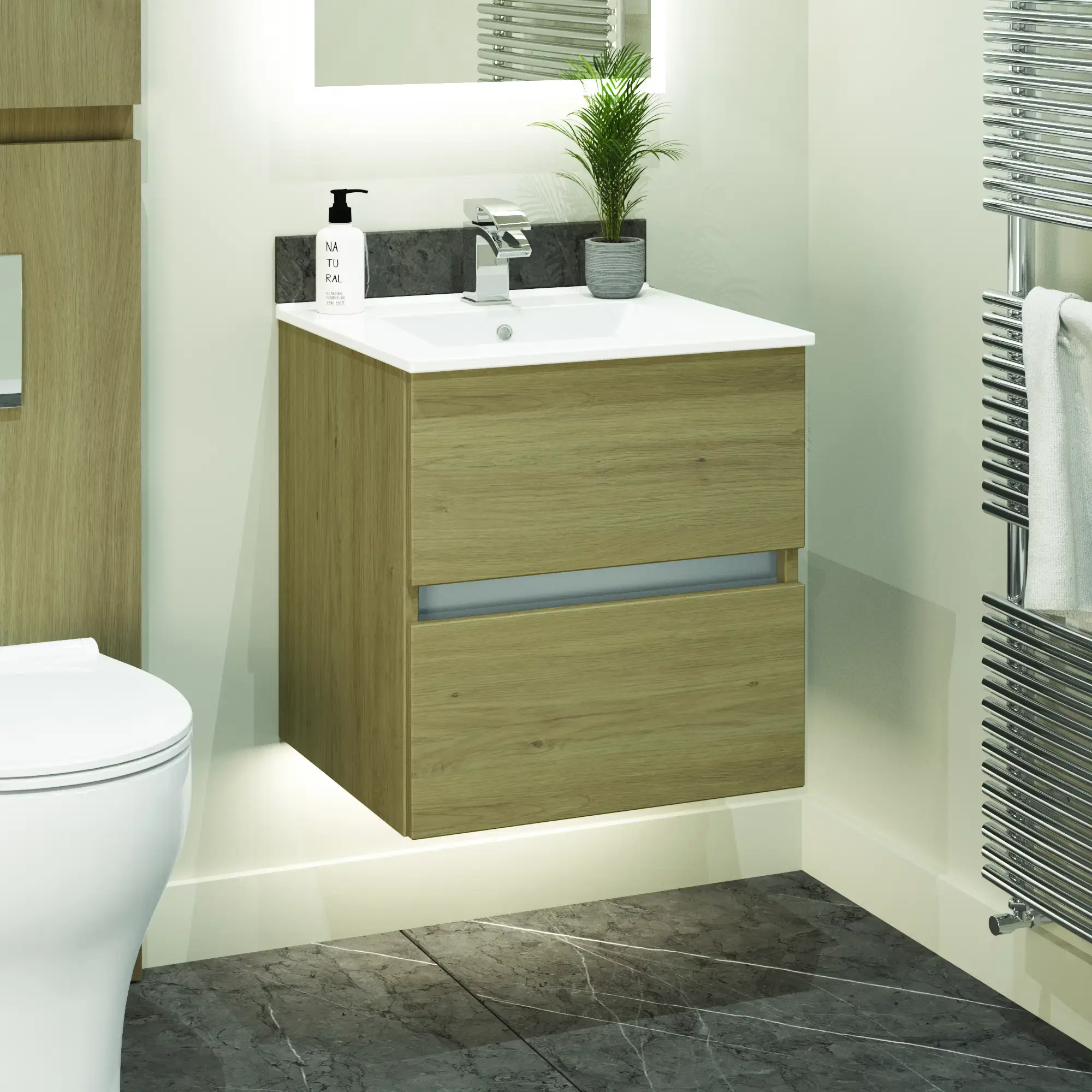 Serenity 500mm Wall Hung Vanity Unit - 2 Drawer - Oak