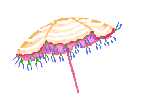Animated illustration of a vintage fruit cart with striped umbrella