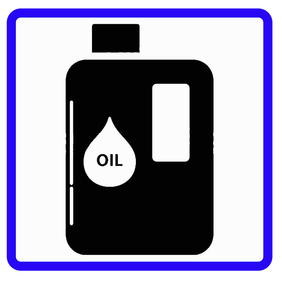 Ícone de frasco de óleo preto com gota branca e texto OIL, em fundo branco com moldura azul.