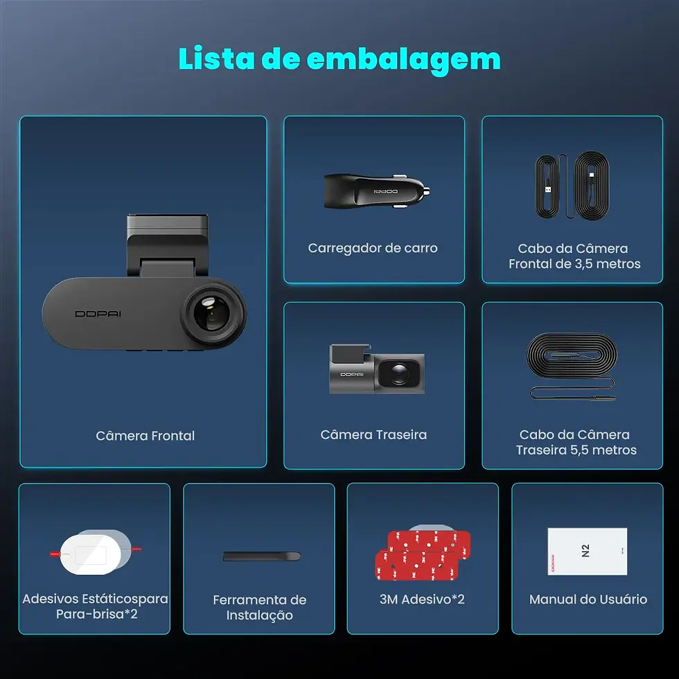 Lista de embalagem da Câmera Veicular DDPAI N2 Dual com câmera frontal, traseira, cabos, carregador, adesivos, ferramenta e manual.