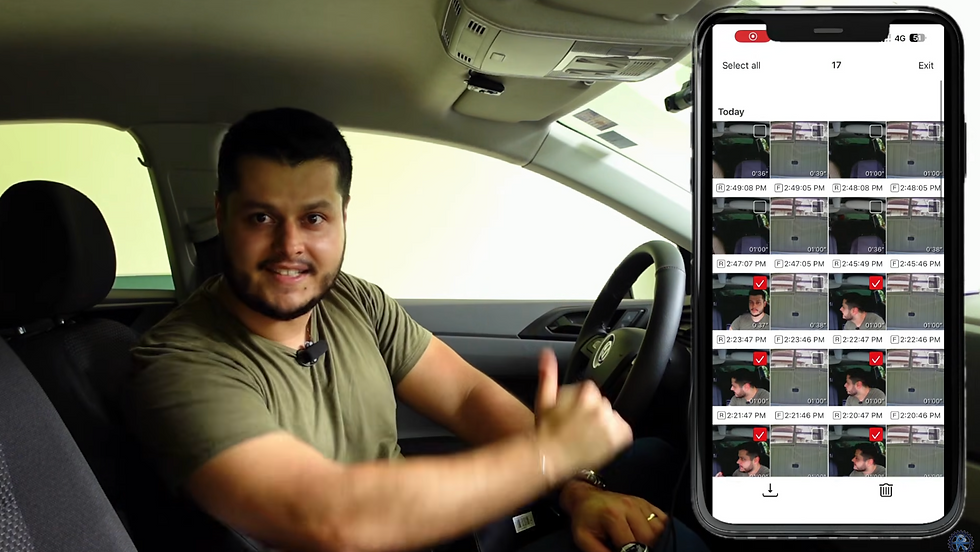 Homem no carro faz sinal de positivo; ao lado, celular mostra galeria de vídeos selecionados da Câmera Veicular DDPAI N2 Dual.
