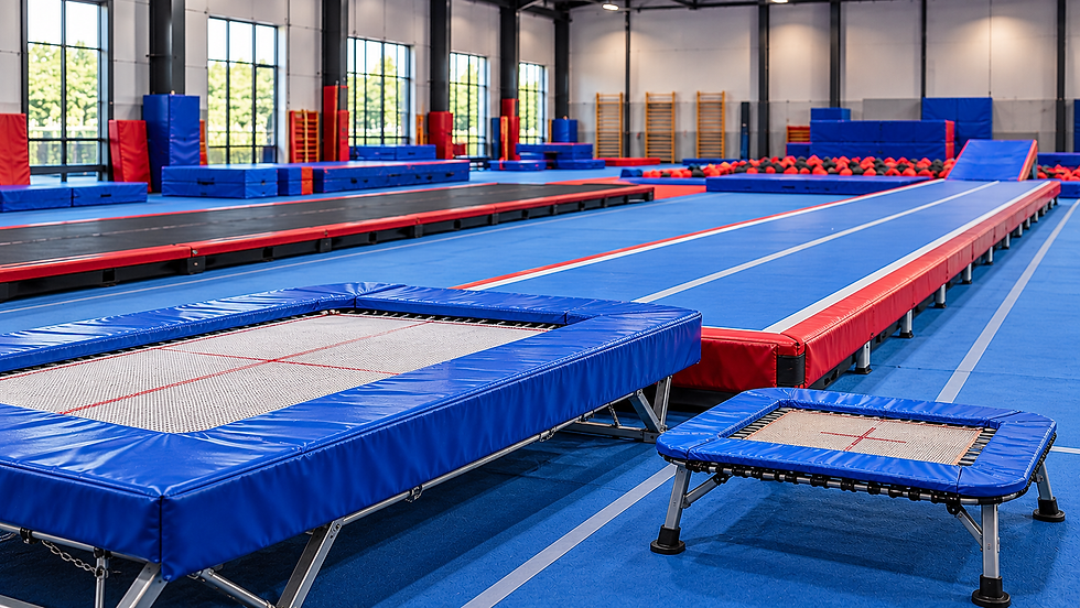 Professional gymnastics trampoline, mini trampoline and elevated tumbling track with padded blue and