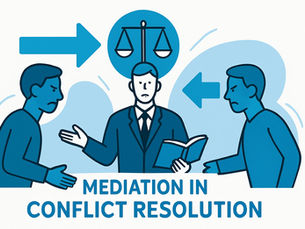 A mediator standing between 2 men in dispute with the scales of justice over his head.