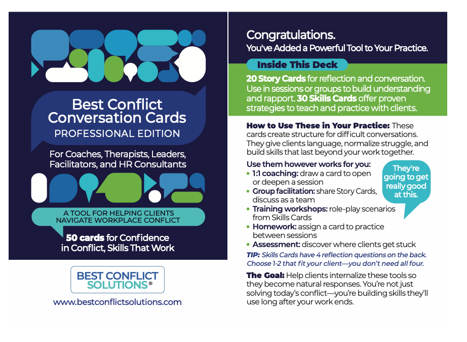 Best Conflict Conversation Cards cover; guide for coaches, therapists, HR. Features blue, green shapes, includes card uses, and a practice tip.