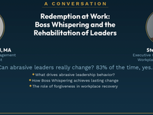 Kimberly Best and Stephen Tolfree discuss boss whispering and leader rehab. Dark blue background with text on workplace change.