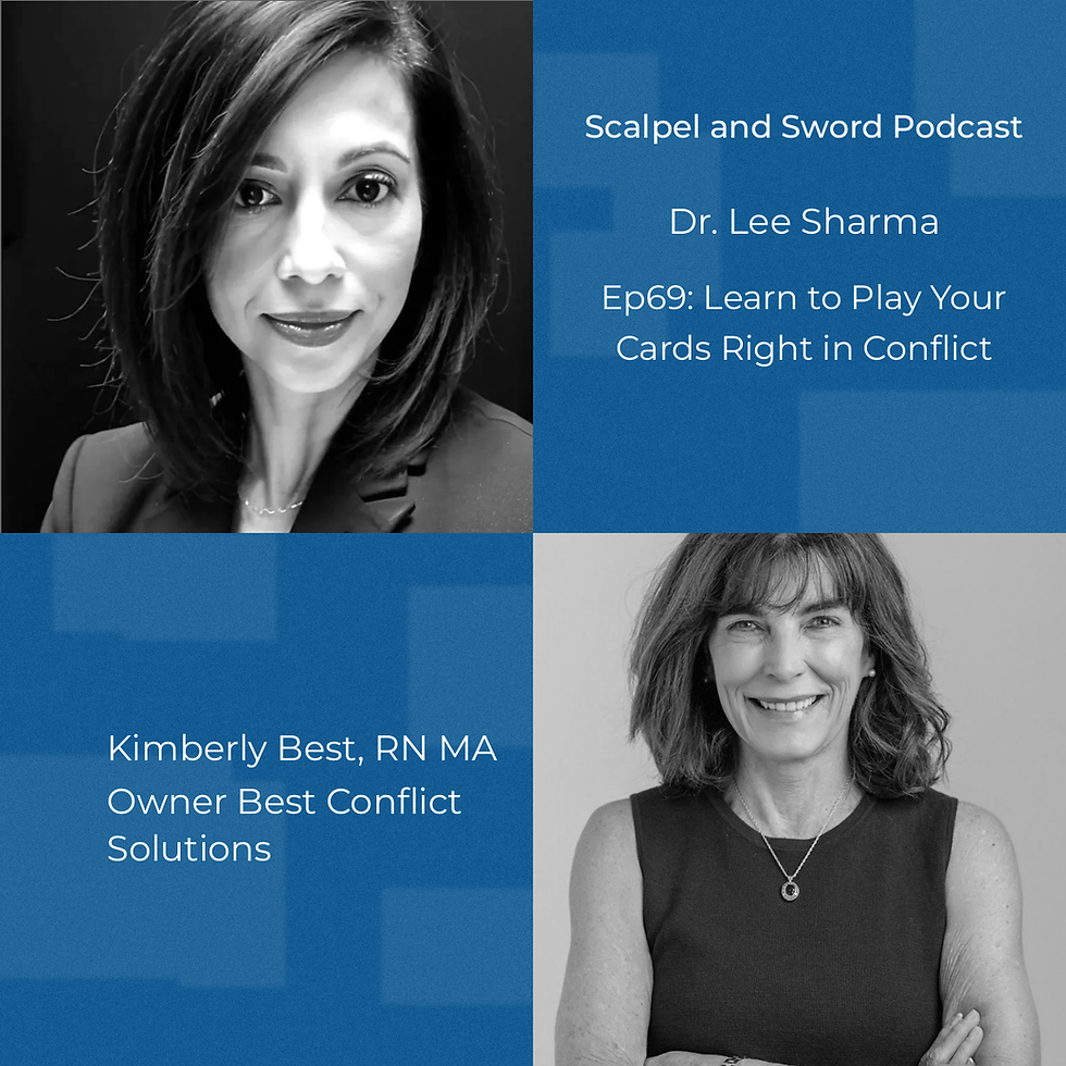 Black-and-white podcast collage of two women with blue panels; text: Scalpel and Sword Podcast, Dr. Lee Sharma, Kimberly Best, RN MA.