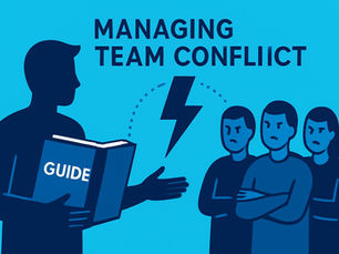 A man holding a book with the word guide and 3 people in a group with a frown and the words team conflict