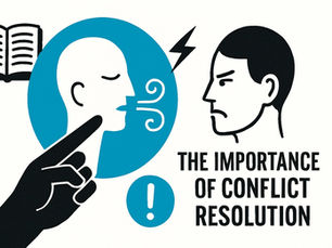 someone speaking and someone frowning as they listen and an open book and pointed finger with the words importance of conflict resolution