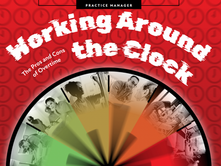 Red cover with text "Working Around the Clock." Images of people working with gradient colors. Clocks in the background. Mood: Busy.