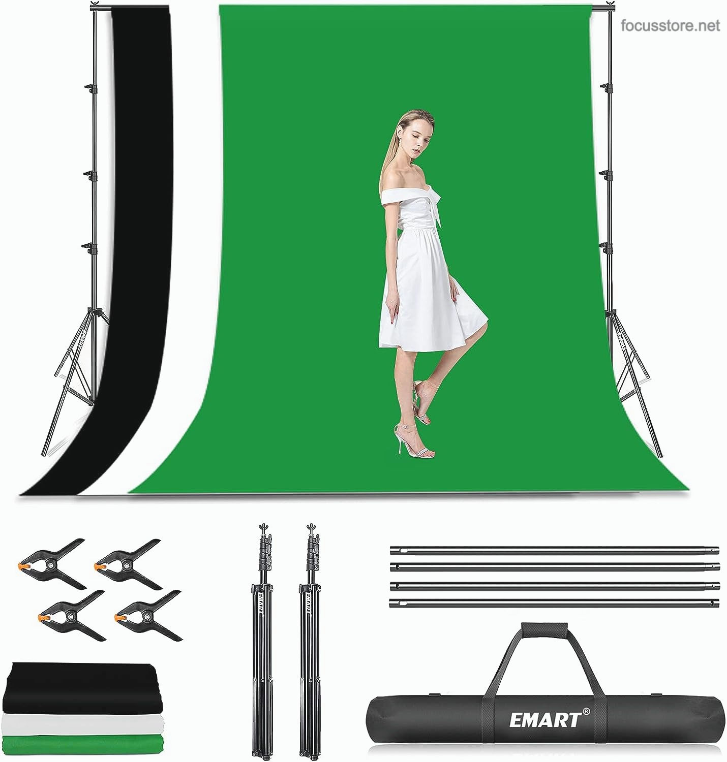 Kit de backdrop 2.5x3 mts + 3 fondos de muselina (negro,blanco y verde 1.8x2.7m)