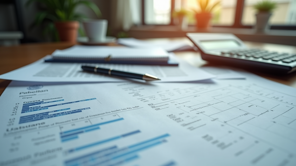Eye-level view of a desk with financial documents and a calculator